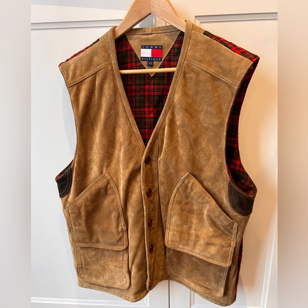 Vintage Tommy Hilfiger Tan Suede Vest with Red Plaid back and Lining,Mens,LARGE